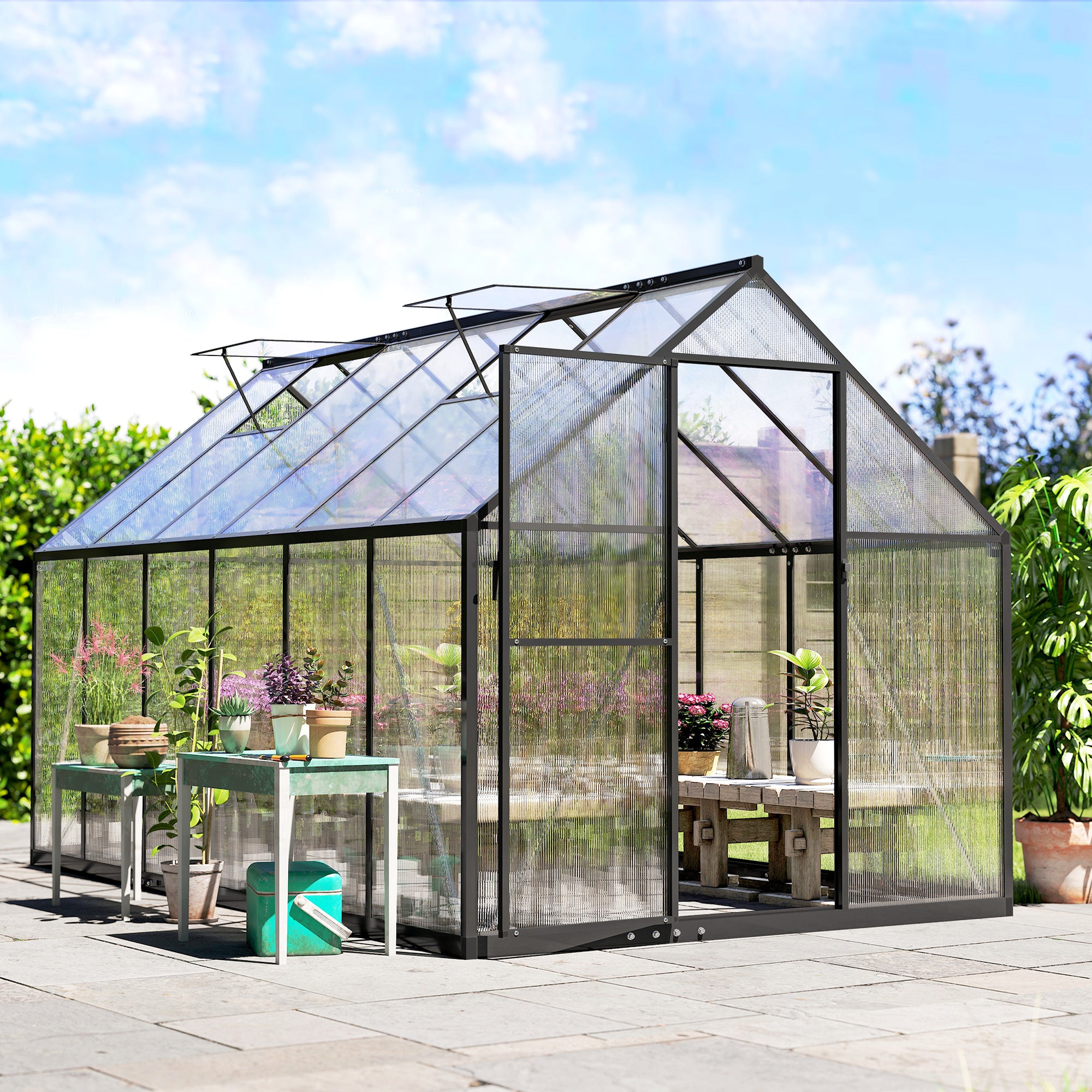 Outsunny Polycarbonate Walk-in Greenhouse - Thumbnail 4