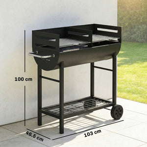 Charcoal Barbecue Grill with 2 Cooking Areas, Portable BBQ Trolley with Wheels, Height Adjustable Grates, Side Handle, Bottom Shelf, Metal Outdoor Cooker for Garden Camping, Picnic, Party