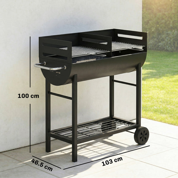 Charcoal Barbecue Grill with 2 Cooking Areas, Portable BBQ Trolley with Wheels, Height Adjustable Grates, Side Handle, Bottom Shelf, Metal Outdoor Cooker for Garden Camping, Picnic, Party