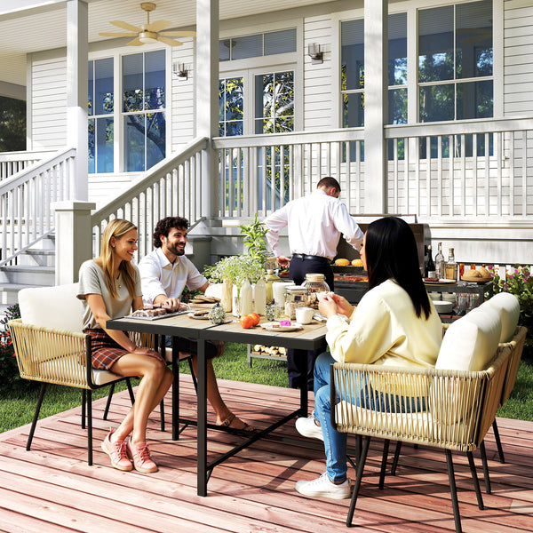 5 Piece Rattan Garden Furniture Set, Garden Dining Set with Wood-Plastic Table and 4 Stackable Chairs, Rattan Table and Chairs with 4 Cushions for Patio, Terrace, Beige