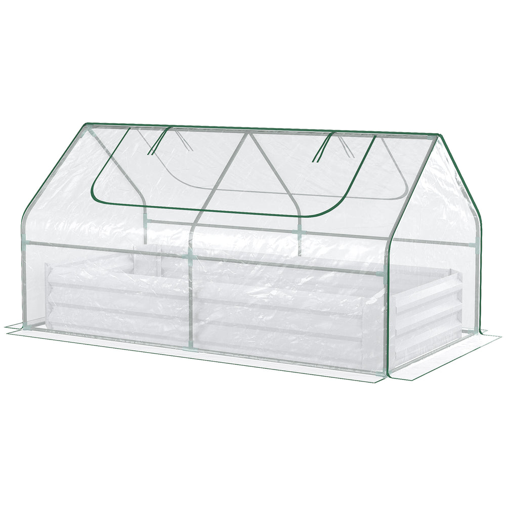 Raised Garden Bed with Greenhouse, Steel Planter Box with Plastic Cover, Roll Up Window, Dual Use for Flowers, Vegetables, Fruits and Herbs, 185L x 95W x 92H cm, Clear