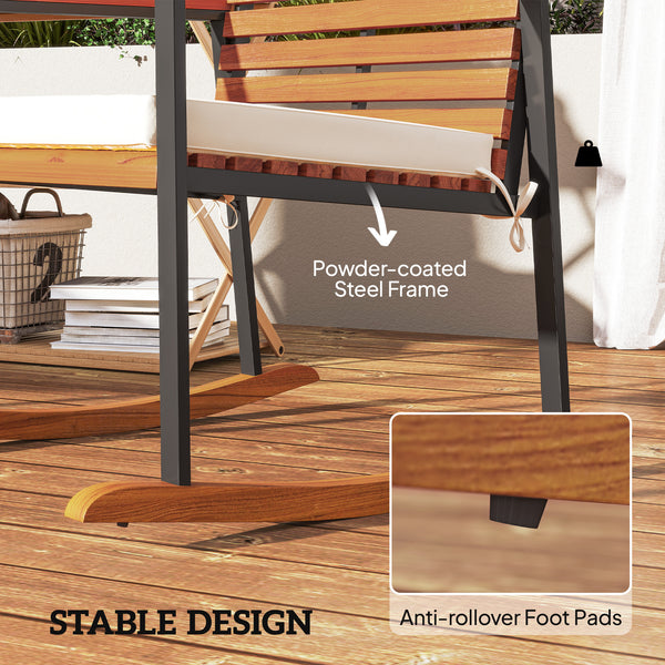 Outdoor Rocking Chair Set of 2, Acacia Wood Outdoor Rockers with Armrests, Cushion, Patio Wooden Rocking Chair Set for Garden, Balcony, Porch, 353 lbs. Capacity, Cream White