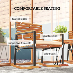 Outdoor Rocking Chair Set of 2, Acacia Wood Outdoor Rockers with Armrests, Cushion, Patio Wooden Rocking Chair Set for Garden, Balcony, Porch, 353 lbs. Capacity, Cream White