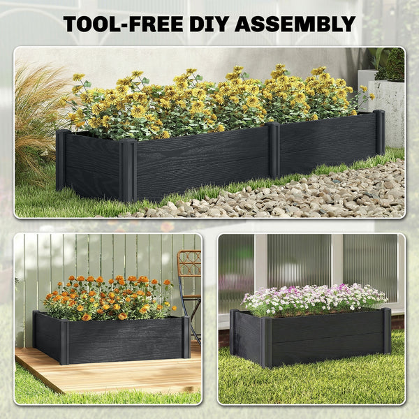 Vinyl Raised Garden Bed Kit, 6.5 x 2 x 1ft Elevated Garden Box with Divider, Open Bottom, Screwless Outdoor Planter Box for Flowers Herbs, DIY Assembly, Grey Wood Effect