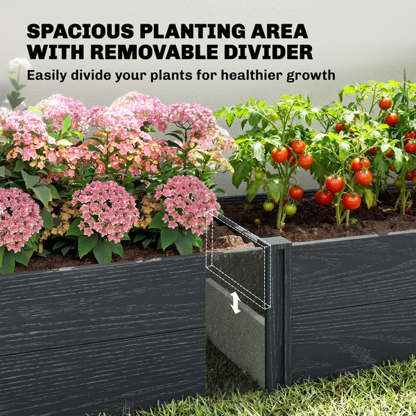 Vinyl Raised Garden Bed Kit, 6.5 x 2 x 1ft Elevated Garden Box with Divider, Open Bottom, Screwless Outdoor Planter Box for Flowers Herbs, DIY Assembly, Grey Wood Effect