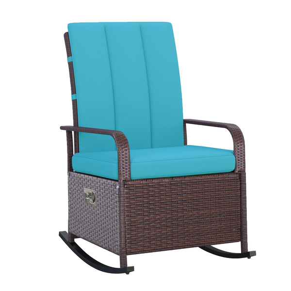 Outdoor Wicker Rocking Chair with Cushion, Patio PE Rattan Recliner Chair with Adjustable Footrest, Armrests, Turquoise