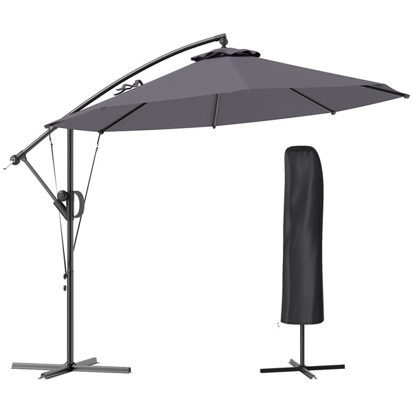 118.1" Patio Offset Umbrella with Cover and Wind Protection Strap, Round Overhanging Umbrella with Crank Handle and Tilt for Outdoor Sun Shade, UPF50+, Grey