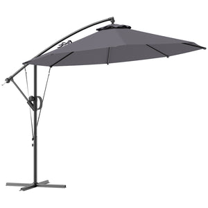 118.1" Patio Offset Umbrella with Cover and Wind Protection Strap, Round Overhanging Umbrella with Crank Handle and Tilt for Outdoor Sun Shade, UPF50+, Grey