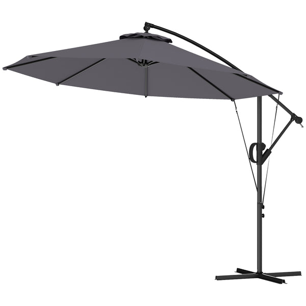 118.1" Patio Offset Umbrella with Cover and Wind Protection Strap, Round Overhanging Umbrella with Crank Handle and Tilt for Outdoor Sun Shade, UPF50+, Grey