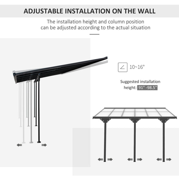 Outsunny 12' x 10' Outdoor Polycarbonate Pergola, Transparent UV Blocking Awning, Hardtop Deck Gazebo with Adjustable Posts and Height, Aluminum, Gray