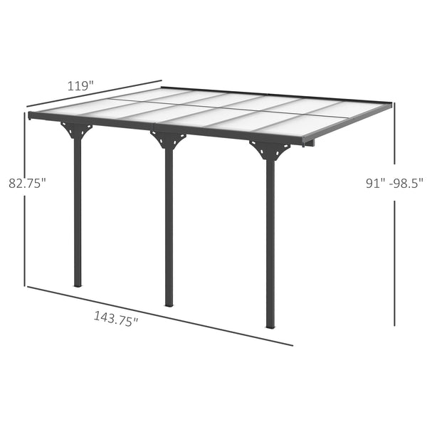 Outsunny 12' x 10' Outdoor Polycarbonate Pergola, Transparent UV Blocking Awning, Hardtop Deck Gazebo with Adjustable Posts and Height, Aluminum, Gray