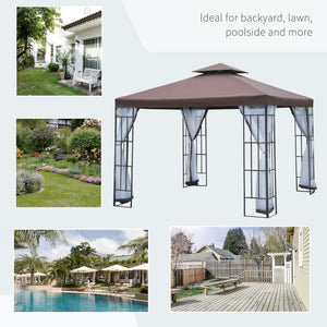 3 x 3(m) Patio Gazebo Canopy Garden Pavilion Tent Shelter with 2 Tier Roof and Mosquito Netting, Steel Frame, Coffee