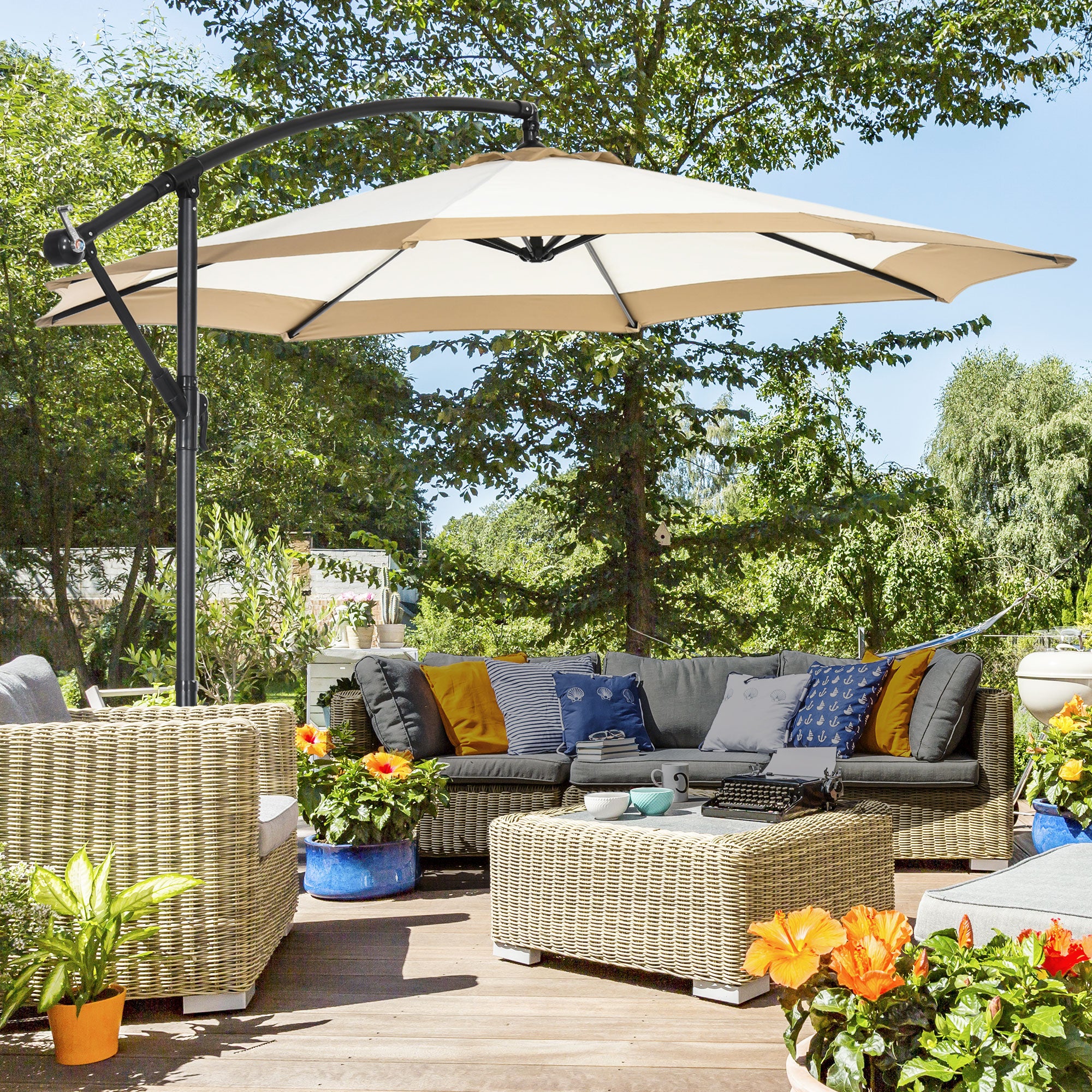 10 foot offset patio umbrella Yaheetech 10FT w/Handy Tilt & Cross Base, Burgundy lasting weather protection IdealHouse Large Cantilever Patio Umbrella