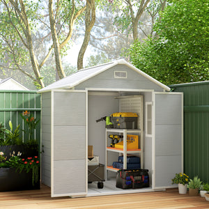 6 x 5ft Garden Shed, Plastic Shed with Floor, Window, Lockable Doors and Vents, Wood Effect Resin Tool Shed for Outdoor Patio, Light Grey