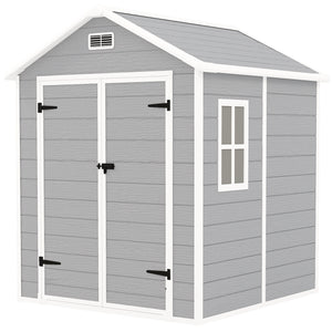 6 x 5ft Garden Shed, Plastic Shed with Floor, Window, Lockable Doors and Vents, Wood Effect Resin Tool Shed for Outdoor Patio, Light Grey