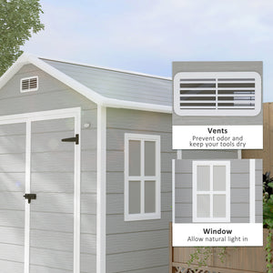 6 x 5ft Garden Shed, Plastic Shed with Floor, Window, Lockable Doors and Vents, Wood Effect Resin Tool Shed for Outdoor Patio, Light Grey