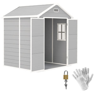 6 x 5ft Garden Shed, Plastic Shed with Floor, Window, Lockable Doors and Vents, Wood Effect Resin Tool Shed for Outdoor Patio, Light Grey