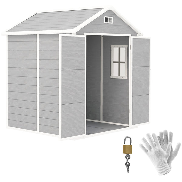 6 x 5ft Garden Shed, Plastic Shed with Floor, Window, Lockable Doors and Vents, Wood Effect Resin Tool Shed for Outdoor Patio, Light Grey