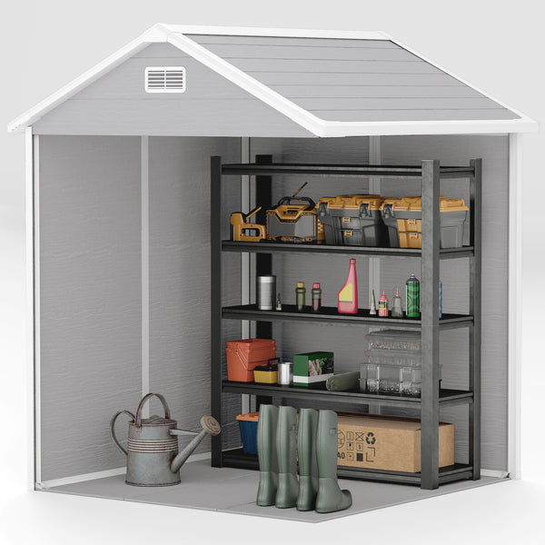 6 x 5ft Garden Shed, Plastic Shed with Floor, Window, Lockable Doors and Vents, Wood Effect Resin Tool Shed for Outdoor Patio, Light Grey