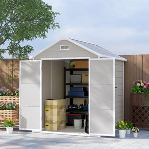 6 x 5ft Garden Shed, Plastic Shed with Floor, Window, Lockable Doors and Vents, Wood Effect Resin Tool Shed for Outdoor Patio, Light Grey