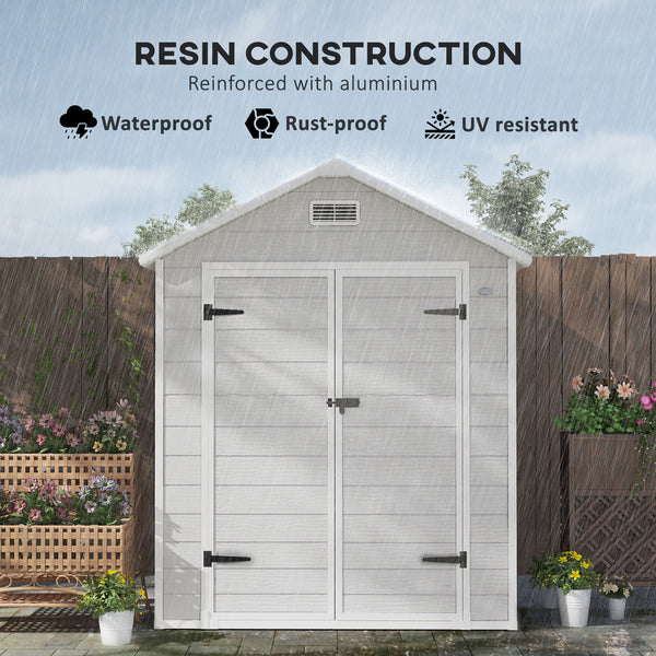 6 x 5ft Garden Shed, Plastic Shed with Floor, Window, Lockable Doors and Vents, Wood Effect Resin Tool Shed for Outdoor Patio, Light Grey
