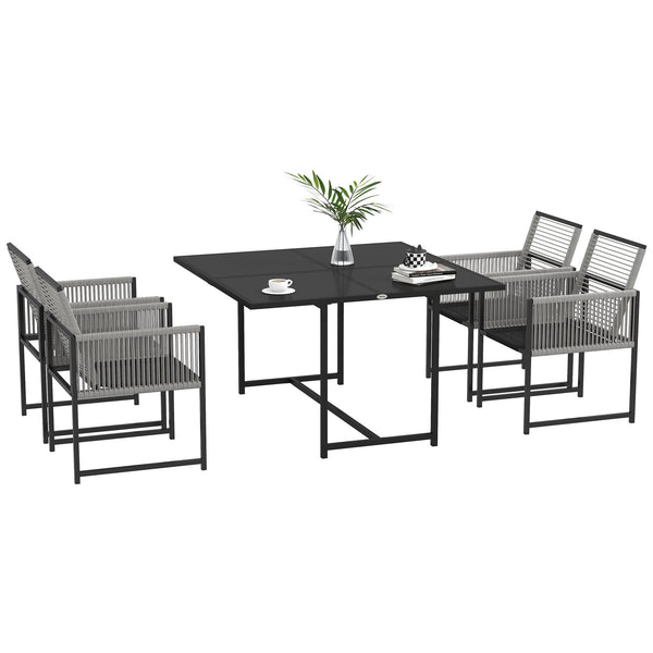 5 Pieces Garden Dining Set, Outdoor Patio Cube Set, 4 Seater Outdoor Table and Chairs with Foldable Backrest, Tempered Glass Top, Handwoven Rope for Poolside, Space-Saving, Light Grey