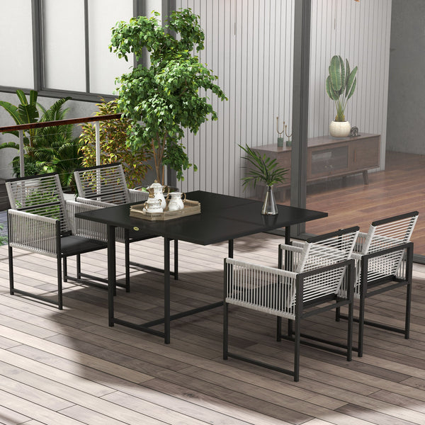 5 Pieces Garden Dining Set, Outdoor Patio Cube Set, 4 Seater Outdoor Table and Chairs with Foldable Backrest, Tempered Glass Top, Handwoven Rope for Poolside, Space-Saving, Light Grey