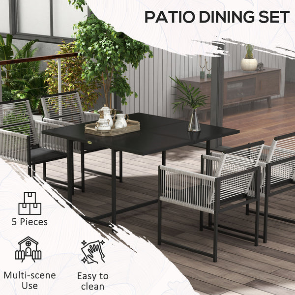 5 Pieces Garden Dining Set, Outdoor Patio Cube Set, 4 Seater Outdoor Table and Chairs with Foldable Backrest, Tempered Glass Top, Handwoven Rope for Poolside, Space-Saving, Light Grey