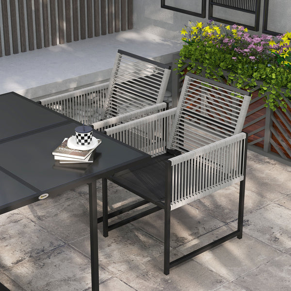 5 Pieces Garden Dining Set, Outdoor Patio Cube Set, 4 Seater Outdoor Table and Chairs with Foldable Backrest, Tempered Glass Top, Handwoven Rope for Poolside, Space-Saving, Light Grey