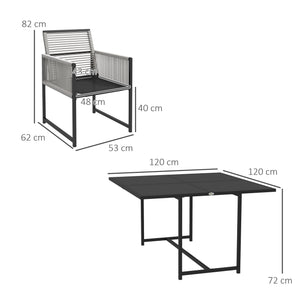5 Pieces Garden Dining Set, Outdoor Patio Cube Set, 4 Seater Outdoor Table and Chairs with Foldable Backrest, Tempered Glass Top, Handwoven Rope for Poolside, Space-Saving, Light Grey