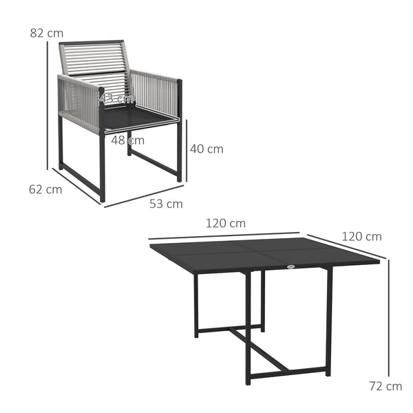 5 Pieces Garden Dining Set, Outdoor Patio Cube Set, 4 Seater Outdoor Table and Chairs with Foldable Backrest, Tempered Glass Top, Handwoven Rope for Poolside, Space-Saving, Light Grey
