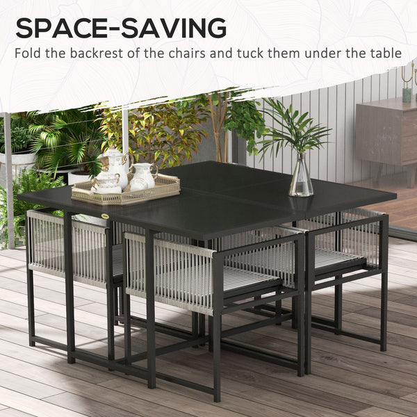 5 Pieces Garden Dining Set, Outdoor Patio Cube Set, 4 Seater Outdoor Table and Chairs with Foldable Backrest, Tempered Glass Top, Handwoven Rope for Poolside, Space-Saving, Light Grey