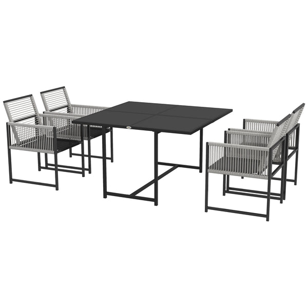 5 Pieces Garden Dining Set, Outdoor Patio Cube Set, 4 Seater Outdoor Table and Chairs with Foldable Backrest, Tempered Glass Top, Handwoven Rope for Poolside, Space-Saving, Light Grey