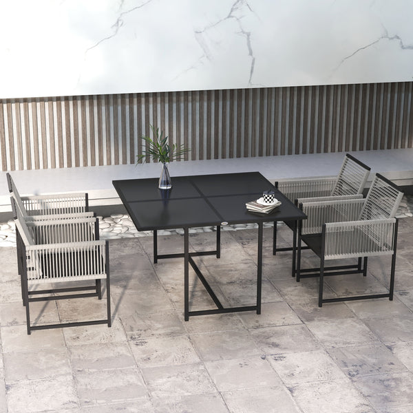 5 Pieces Garden Dining Set, Outdoor Patio Cube Set, 4 Seater Outdoor Table and Chairs with Foldable Backrest, Tempered Glass Top, Handwoven Rope for Poolside, Space-Saving, Light Grey