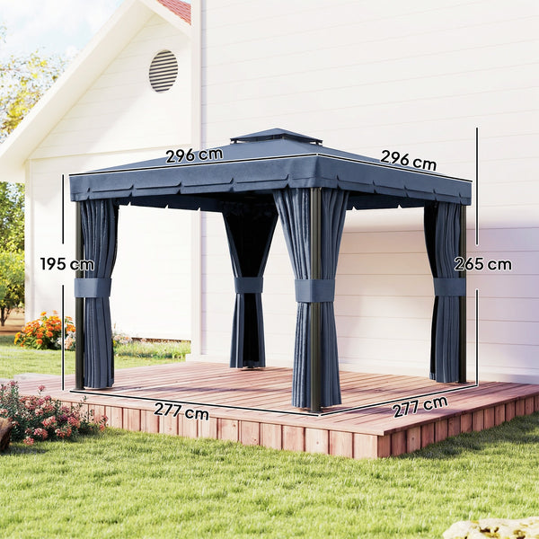 3 x 3(m) Patio Gazebo Canopy Garden Pavilion Tent Shelter Marquee with 2 Tier Water Repellent Roof, Mosquito Netting and Curtains, Aluminium Frame, Dark Blue