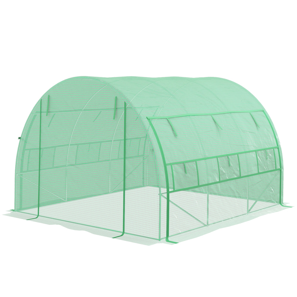 3 x 3 x 2 m Polytunnel Greenhouse with Roll-up Side Walls, Walk-in Grow House Tent with Steel Frame, Reinforced Cover, Zipped Door and 6 Mesh Windows for Garden, Green