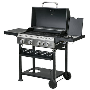 Outsunny 4 Burner Propane Gas Grill with Side Burner, 40,000 BTU Outdoor Barbeque Grill with 430 sq in Cooking Area, Wheels, Warming Rack, Shelves, Thermometer, Bottle Opener, Black