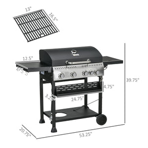 Outsunny 4 Burner Propane Gas Grill with Side Burner, 40,000 BTU Outdoor Barbeque Grill with 430 sq in Cooking Area, Wheels, Warming Rack, Shelves, Thermometer, Bottle Opener, Black