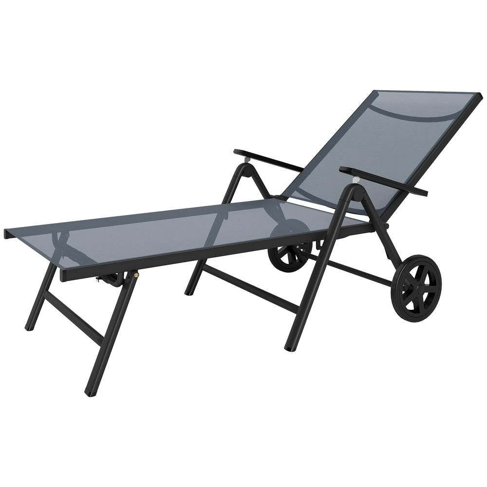 Folding Outdoor Lounge Chair, 5-Level Adjustable Reclining Chaise Lounge, Portable Sun Tanning Chair with 2 Wheels, Armrests, Metal Frame for Backyard, Beach, Grey