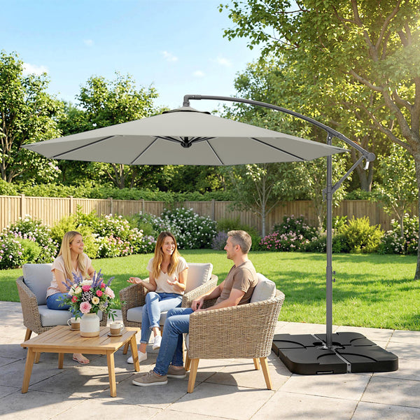 3 m Cantilever Parasol with Umbrella Weights, Cross Base, Offset Outdoor Umbrella with Protective Cover, Crank Handle, Hanging Sun Shade, Light Grey