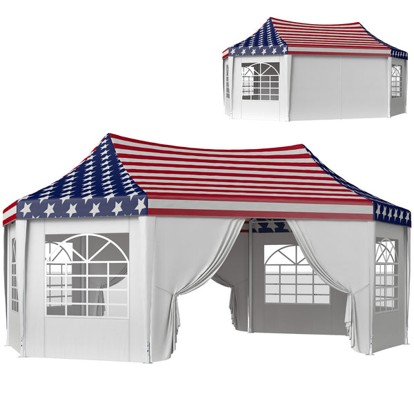 22.3 x 16.4 ft Party Tent, Heavy Duty Event Tent with Sidewalls, 2 Doors and 6 Windows, Outdoor Gazebo Shelter for Wedding, Party, American Flag