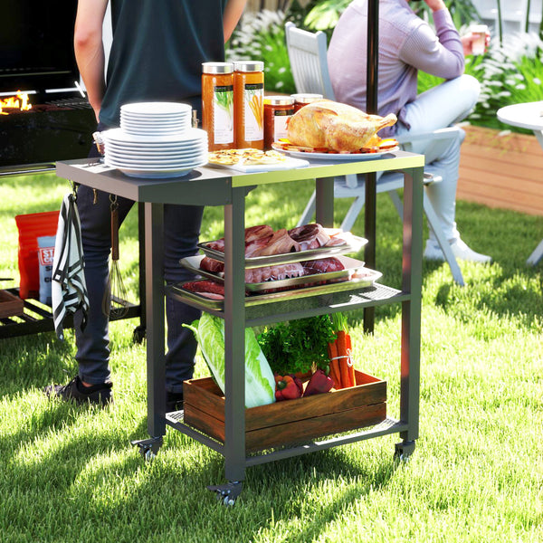 Outsunny Three-Shelf Outdoor Grill Cart Table with Foldable Side Table, Stainless Steel Tabletop, 22" x 16.1" Pizza Oven Stand with Hooks, Side Handle, Movable Food Prep Table on Wheels, Silver