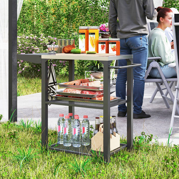 Outsunny Three-Shelf Outdoor Grill Cart Table with Foldable Side Table, Stainless Steel Tabletop, 22" x 16.1" Pizza Oven Stand with Hooks, Side Handle, Movable Food Prep Table on Wheels, Silver