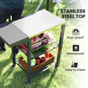 Outsunny Three-Shelf Outdoor Grill Cart Table with Foldable Side Table, Stainless Steel Tabletop, 22" x 16.1" Pizza Oven Stand with Hooks, Side Handle, Movable Food Prep Table on Wheels, Silver