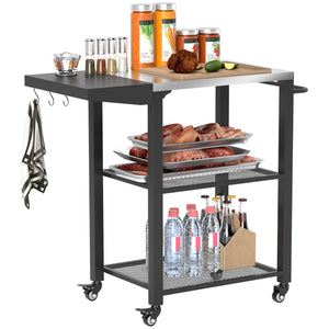 Outsunny Three-Shelf Outdoor Grill Cart Table with Foldable Side Table, Stainless Steel Tabletop, 22" x 16.1" Pizza Oven Stand with Hooks, Side Handle, Movable Food Prep Table on Wheels, Silver