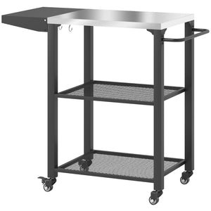 Outsunny Three-Shelf Outdoor Grill Cart Table with Foldable Side Table, Stainless Steel Tabletop, 22" x 16.1" Pizza Oven Stand with Hooks, Side Handle, Movable Food Prep Table on Wheels, Silver