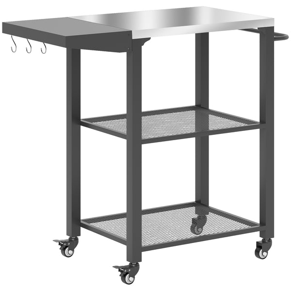 Outsunny Three-Shelf Outdoor Grill Cart Table with Foldable Side Table, Stainless Steel Tabletop, 22" x 16.1" Pizza Oven Stand with Hooks, Side Handle, Movable Food Prep Table on Wheels, Silver