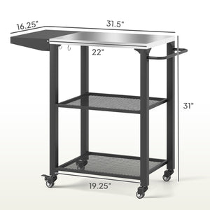 Outsunny Three-Shelf Outdoor Grill Cart Table with Foldable Side Table, Stainless Steel Tabletop, 22" x 16.1" Pizza Oven Stand with Hooks, Side Handle, Movable Food Prep Table on Wheels, Silver