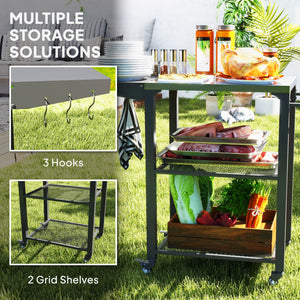 Outsunny Three-Shelf Outdoor Grill Cart Table with Foldable Side Table, Stainless Steel Tabletop, 22" x 16.1" Pizza Oven Stand with Hooks, Side Handle, Movable Food Prep Table on Wheels, Silver