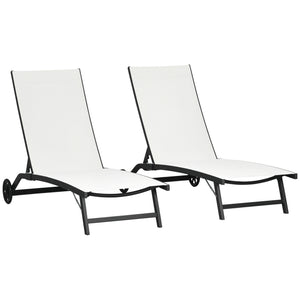 Lounge Chair Outdoor Set of 2 with Wheels, 5-Position Reclining Chaise Lounge Tanning Chair, Breathable Mesh Sun Lounger for Patio, Backyard, Beach, Poolside, Cream White
